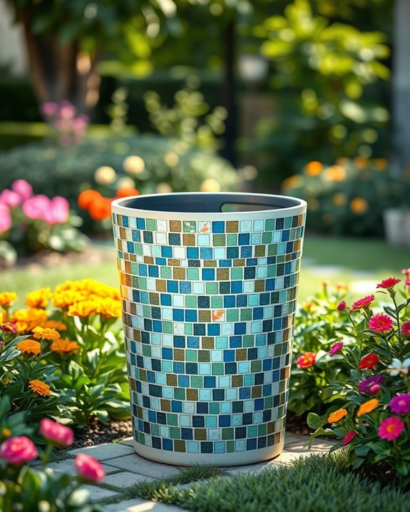 artistic mosaic trash bin