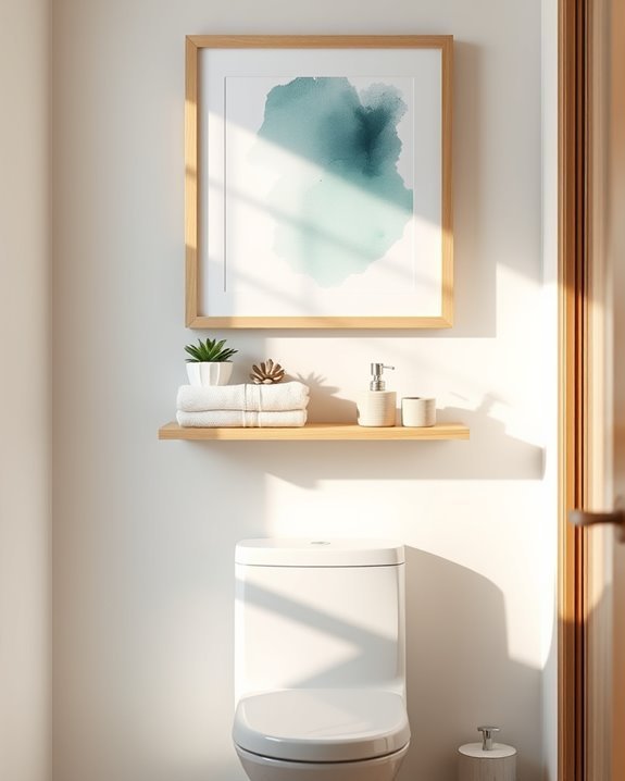 artwork above bathroom shelf