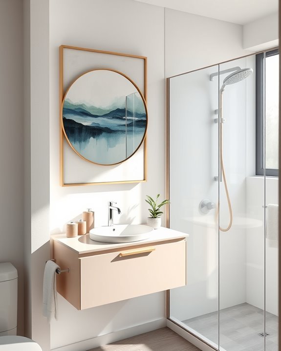 artwork enhances compact bathrooms