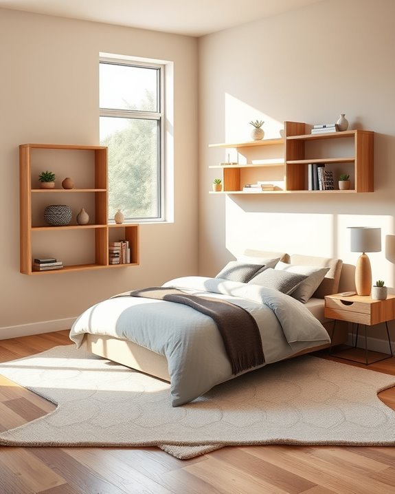 asymmetrical shelving bedroom design
