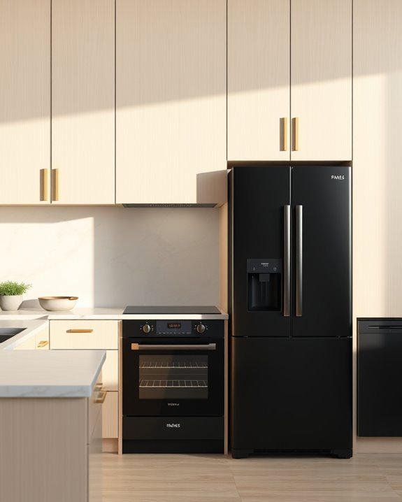 black appliances beige backdrop