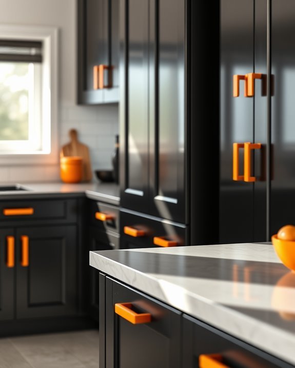 black cabinets orange hardware
