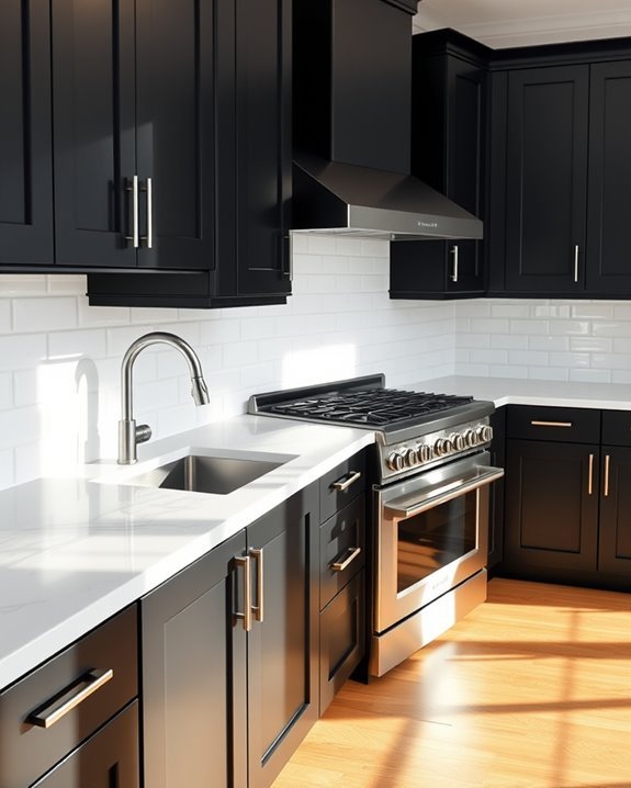 black cabinets subway tiles