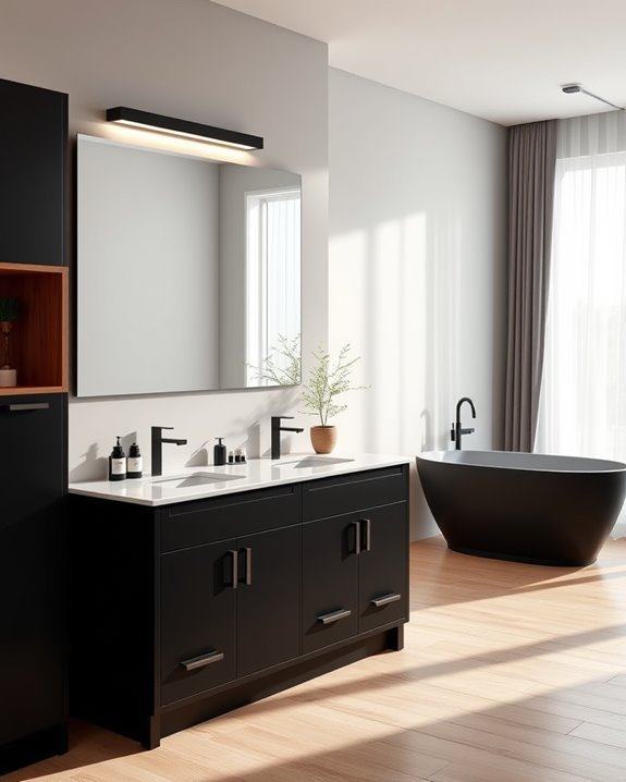 black cabinets warm wood