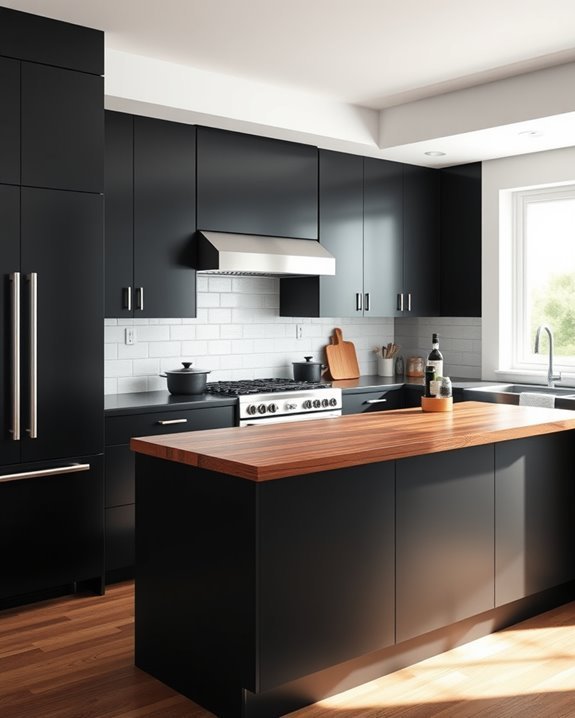 black cabinets warm wood