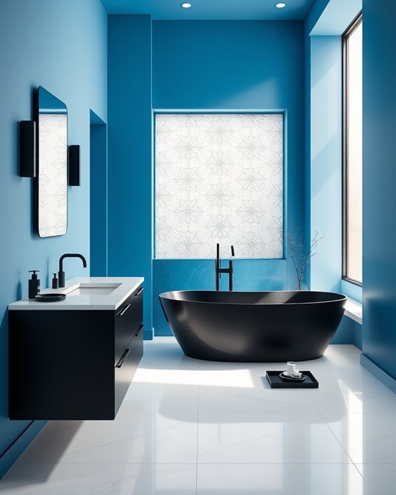 black fixtures blue bathroom