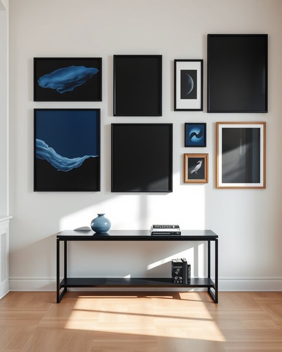 blue and black gallery wall
