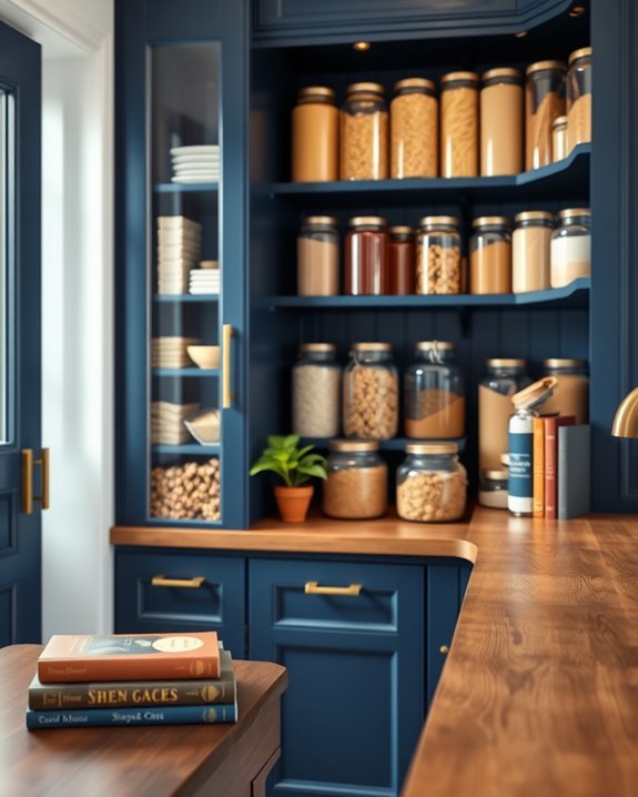 blue and brown pantry organization
