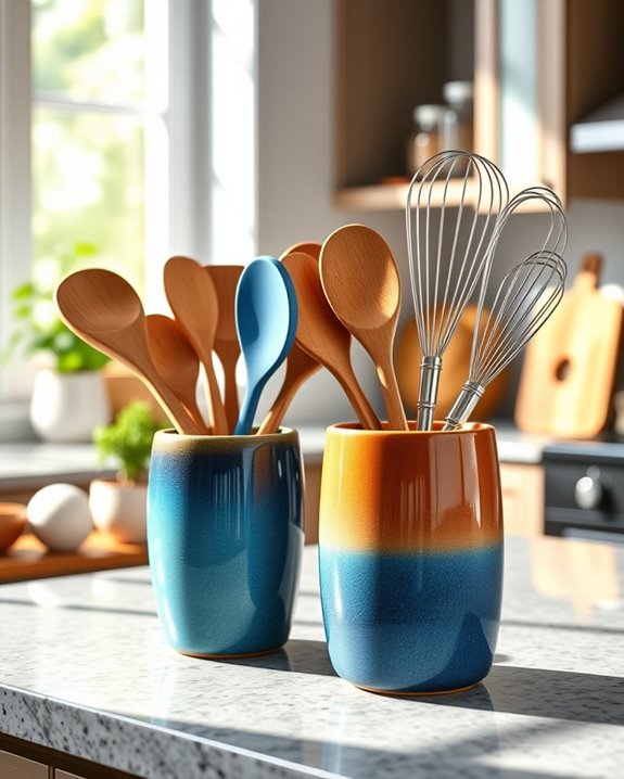 blue and brown utensils