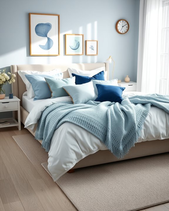 blue decorative pillows enhance