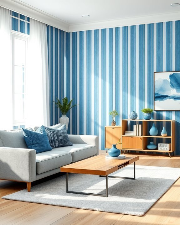 blue striped wallpaper accents