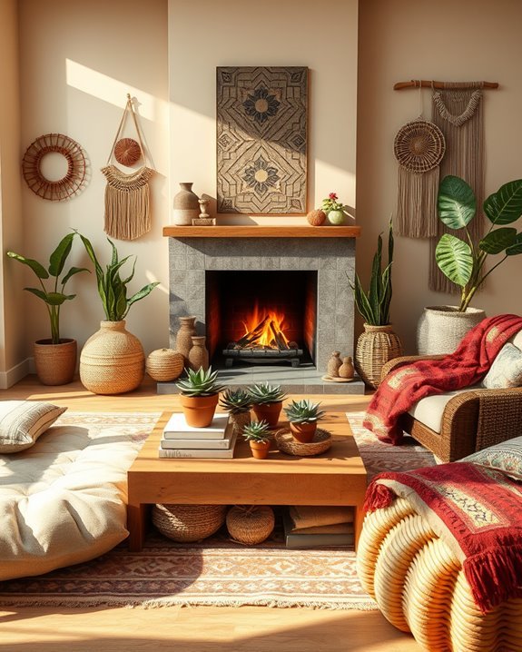 bohemian warm fireplace decor