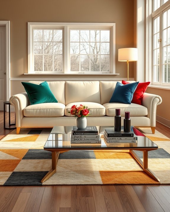 bold accents enhance cream sofa
