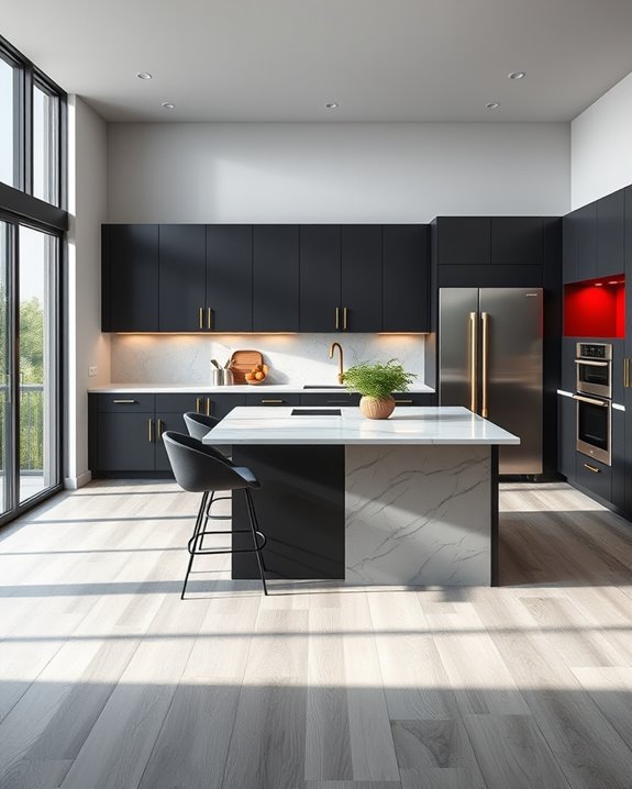 bold accents enhance grey cabinetry