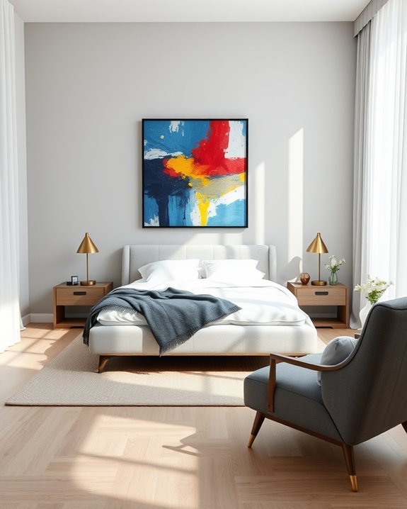 bold artwork enhances grey walls