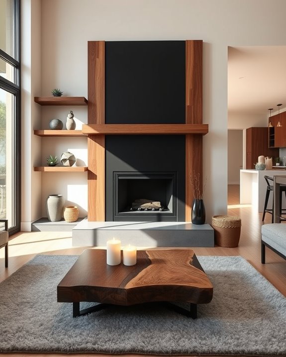 bold black and wood fireplace