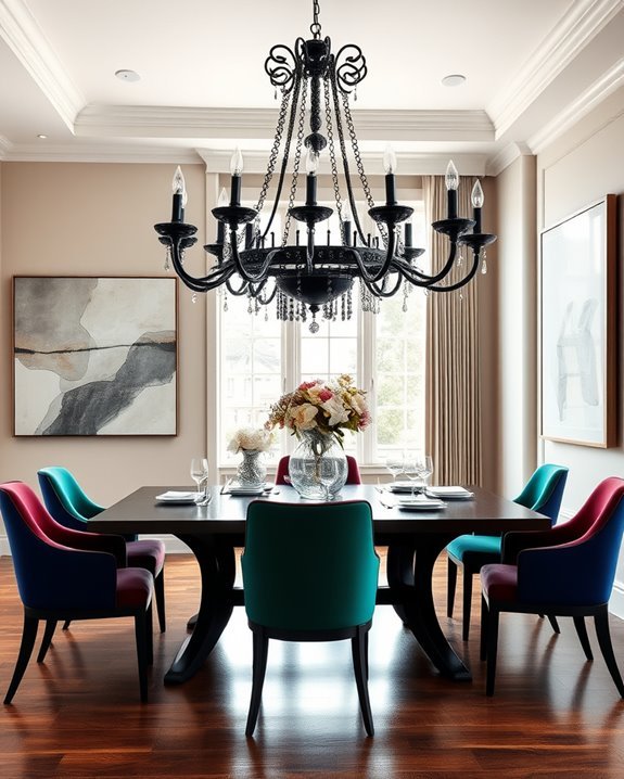 bold chandelier colorful seating