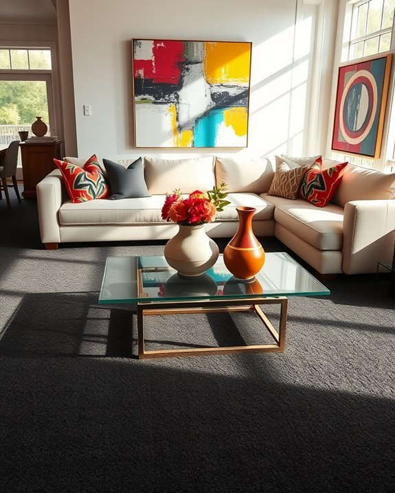 bold furniture contrasts dark floors