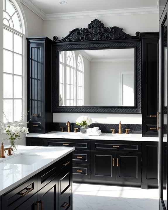 bold mirrors enhance black cabinetry