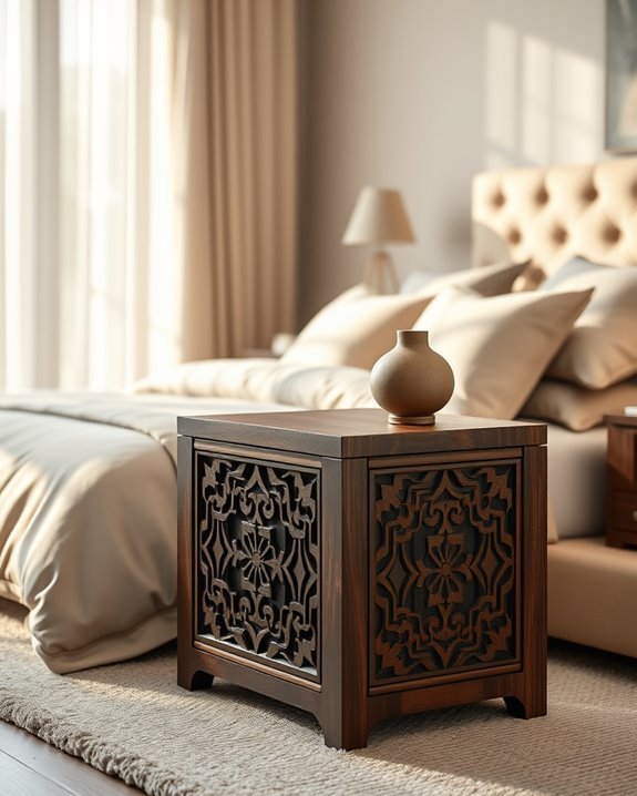 bold patterned dark wood tables