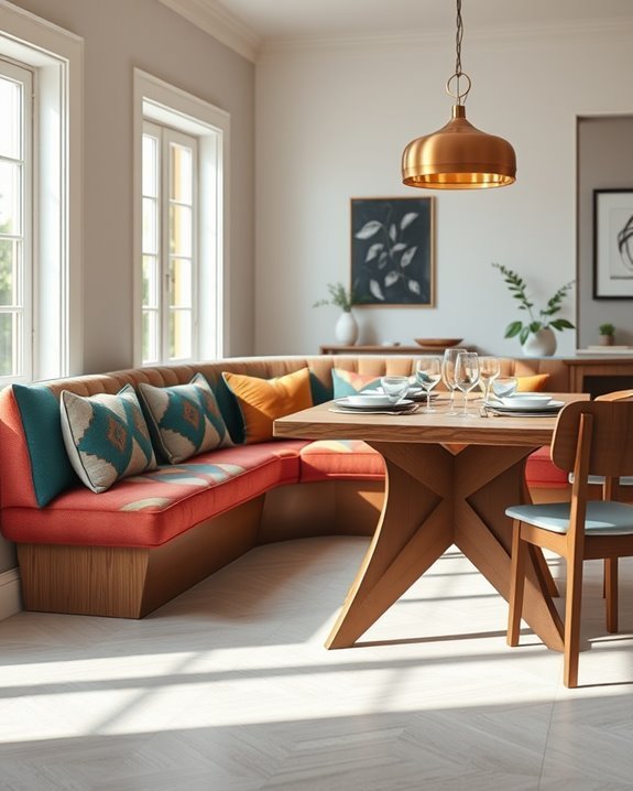 bold patterned upholstered banquette