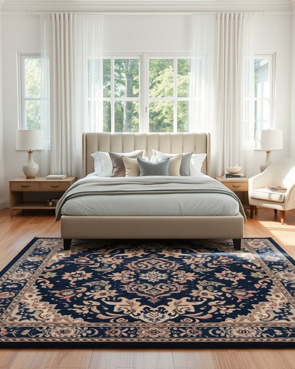 bold rug enhances bedroom decor