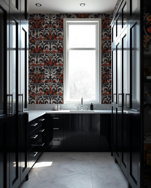 bold wallpaper black cabinets