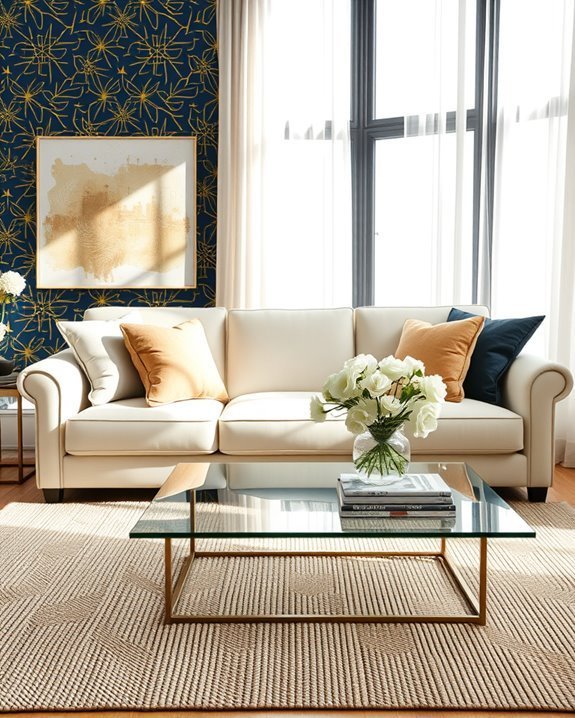 bold wallpaper cream sofa