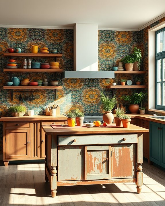 bold wallpaper enhances kitchens