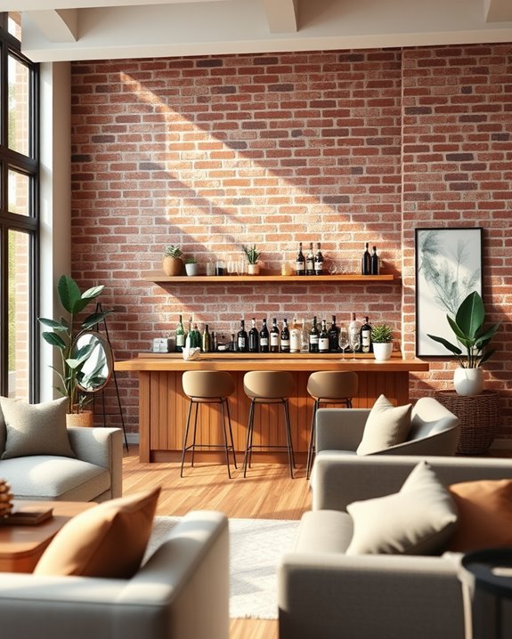 brick facade living room bar