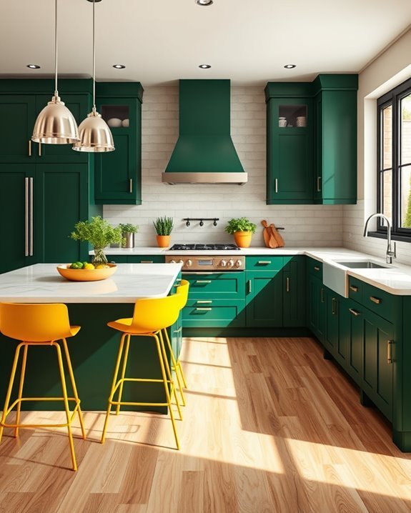 bright accents enhance dark green