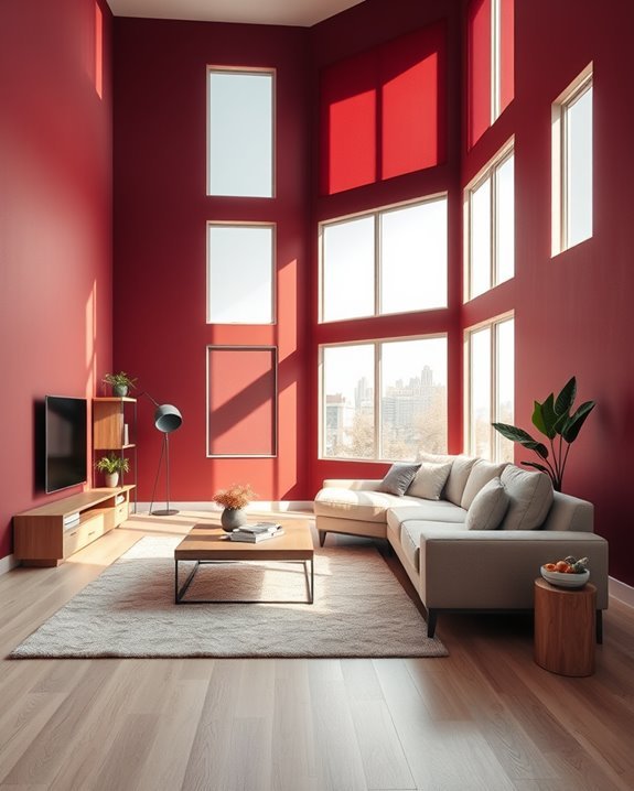 burgundy walls light wood