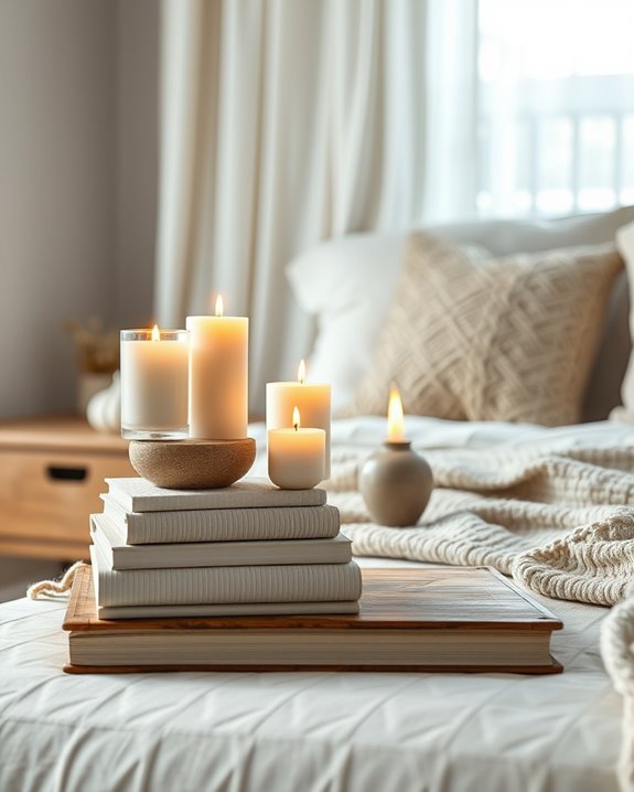 candlelit book stack decor