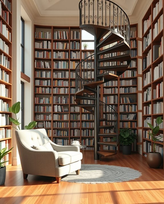 chic spiral staircase library
