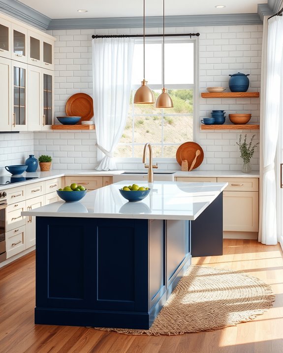 coastal blue and brown kitchen