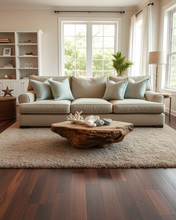 coastal decor with dark flooring