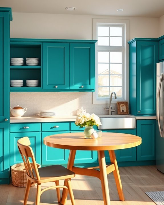 coastal inspired teal cabinets