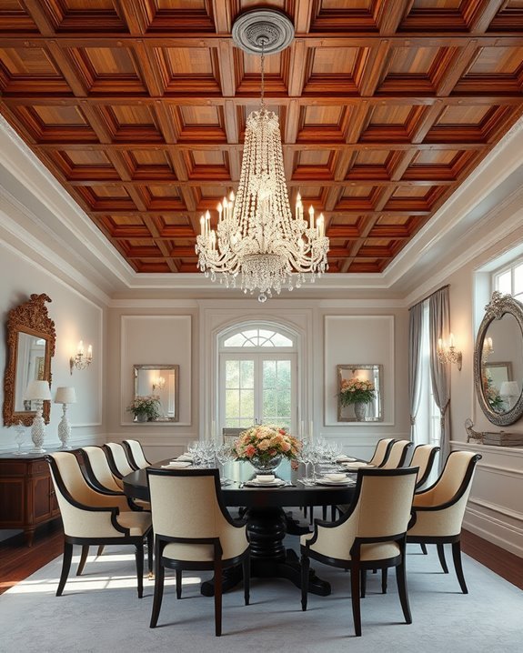 coffered ceiling crystal chandelier