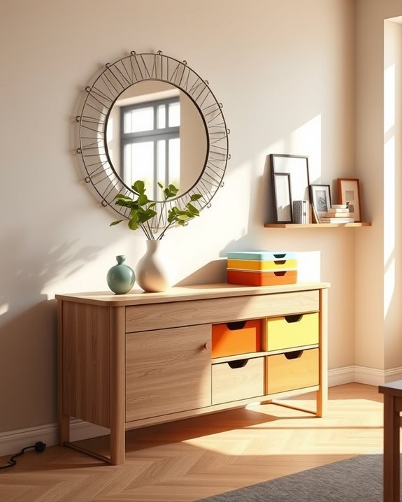 color coded console table storage