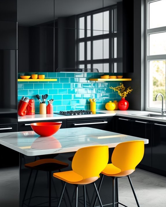 colorful accents enhance black cabinets