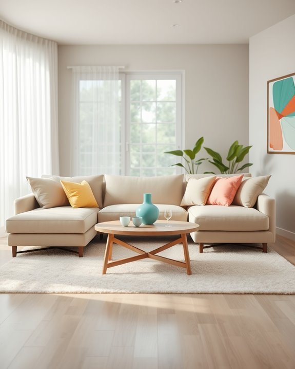 colorful cushions neutral backdrop