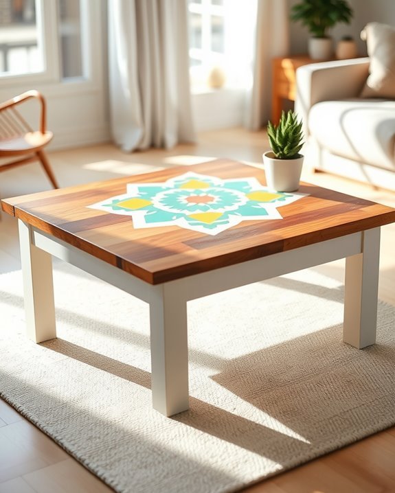 colorful stenciled coffee table transformation
