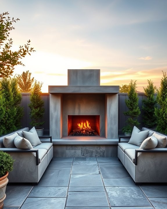 concrete fireplace with seating