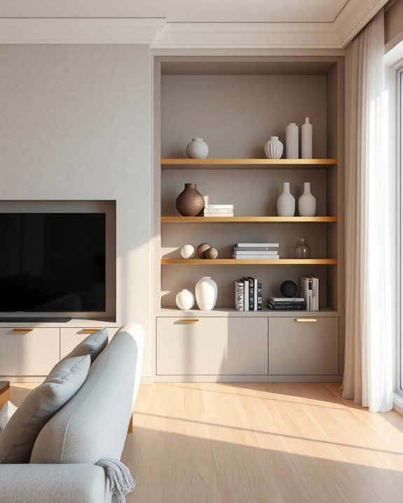 contemporary metallic built in shelves