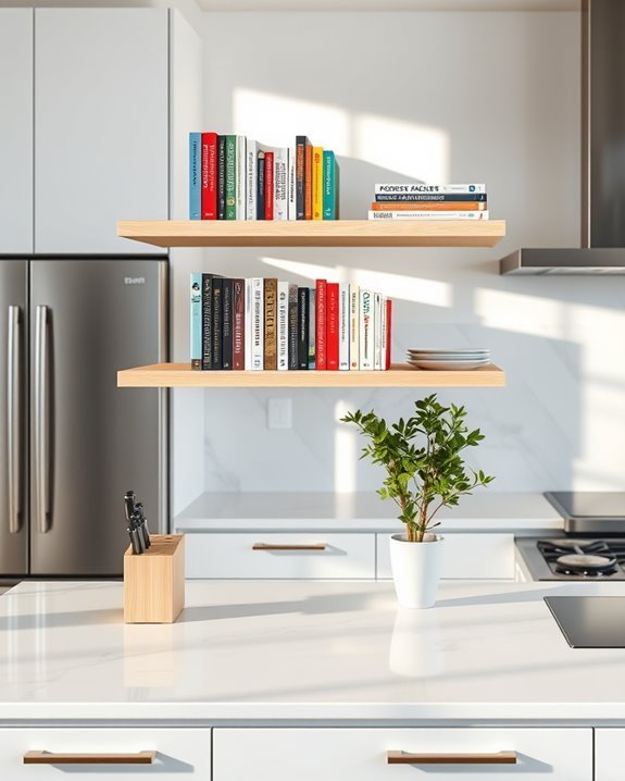 cookbooks above counter shelves