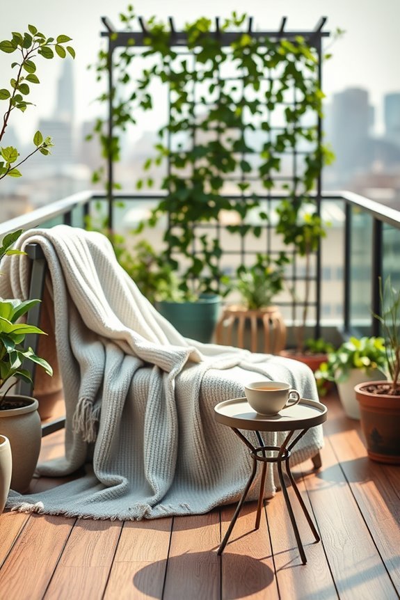 cozy balcony blanket storage