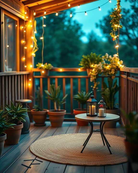 cozy balcony string lights