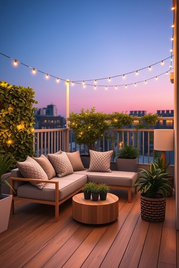 cozy balcony string lights