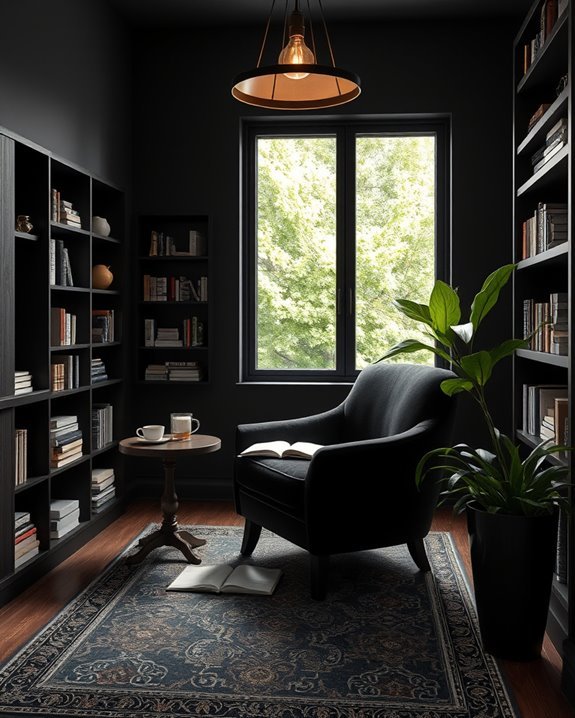 cozy black reading nook