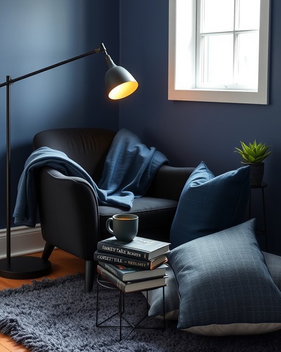 cozy blue black reading nook